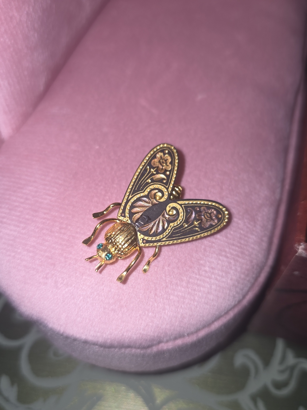 Damascene Gold-Tone Bug/Moth Brooch with Green Rhinestones